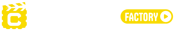 Scale With Video Yellow and white logo of "The Content Factory," featuring a film clapboard icon and a play button, ideal for business owners looking to scale with video. Texas